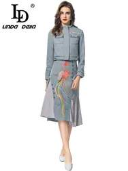 LD LINDA DELLA Autumn and Winter Women's Suit Long-sleeve Stand Collar Tops+Fashion Flounced Edge Skirt Embroidery 2 piece set