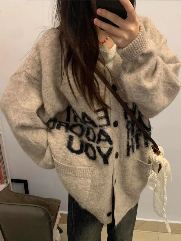 Thickened Heavyweight Hooded Knitwear Jacket Women's Spring Autumn Loose Lazy Style Letter Embroidery Sweatshirt Grey