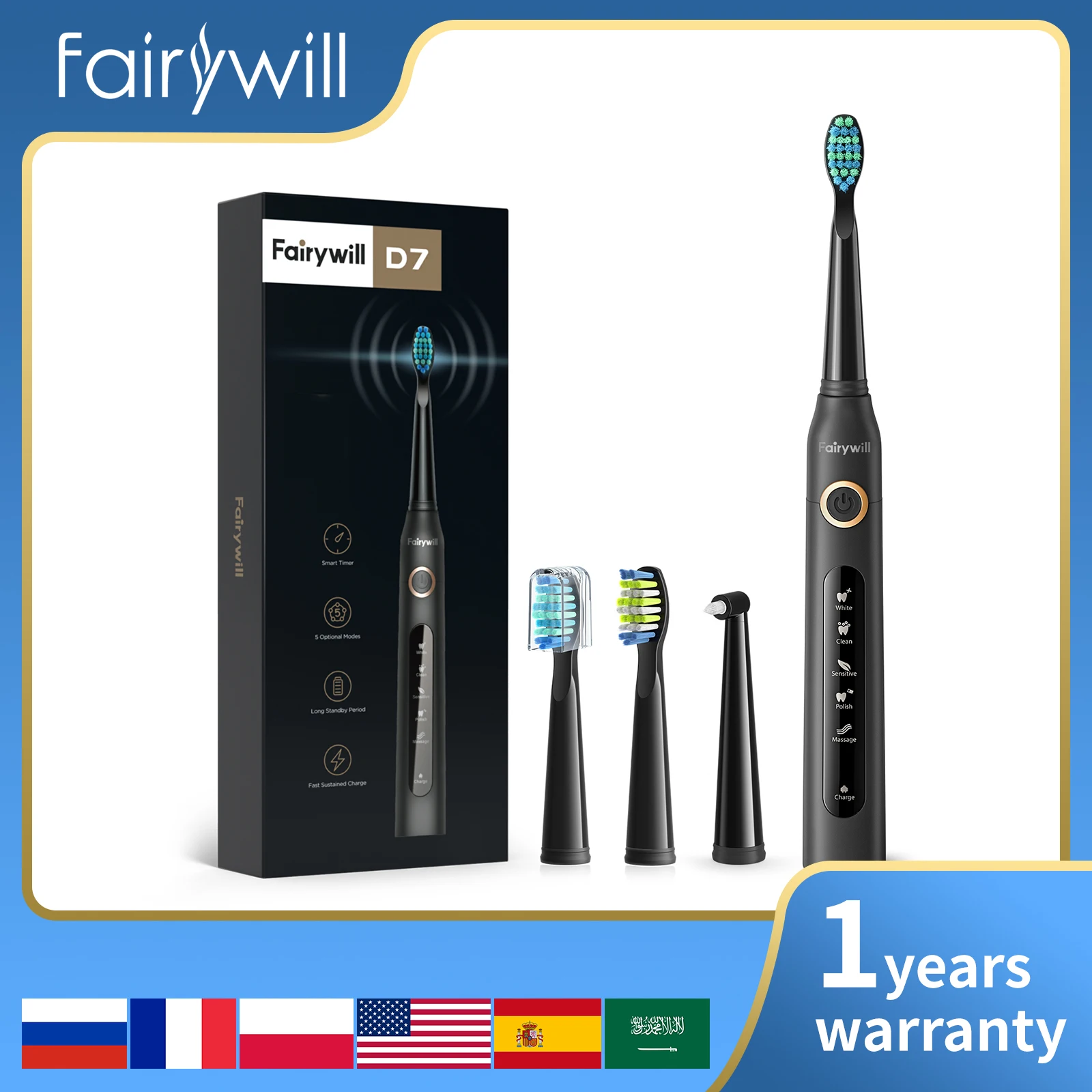 Fairywill Sonic Electric Toothbrush Rechargeable Smart Timer 5 Modes USB Charger Powerful Cleaning Brush Replacement Brush Heads