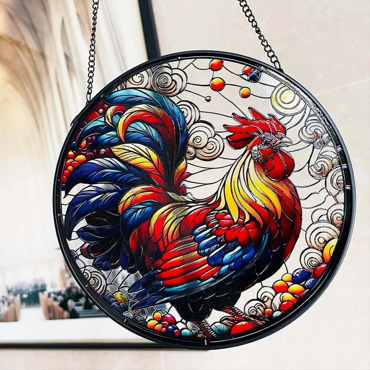 ABZT Rooster Acrylic Window Hangings, 7.87 Inch Rooster Sun Catcher Stained Glass Window Panels for Home Garden Ornament