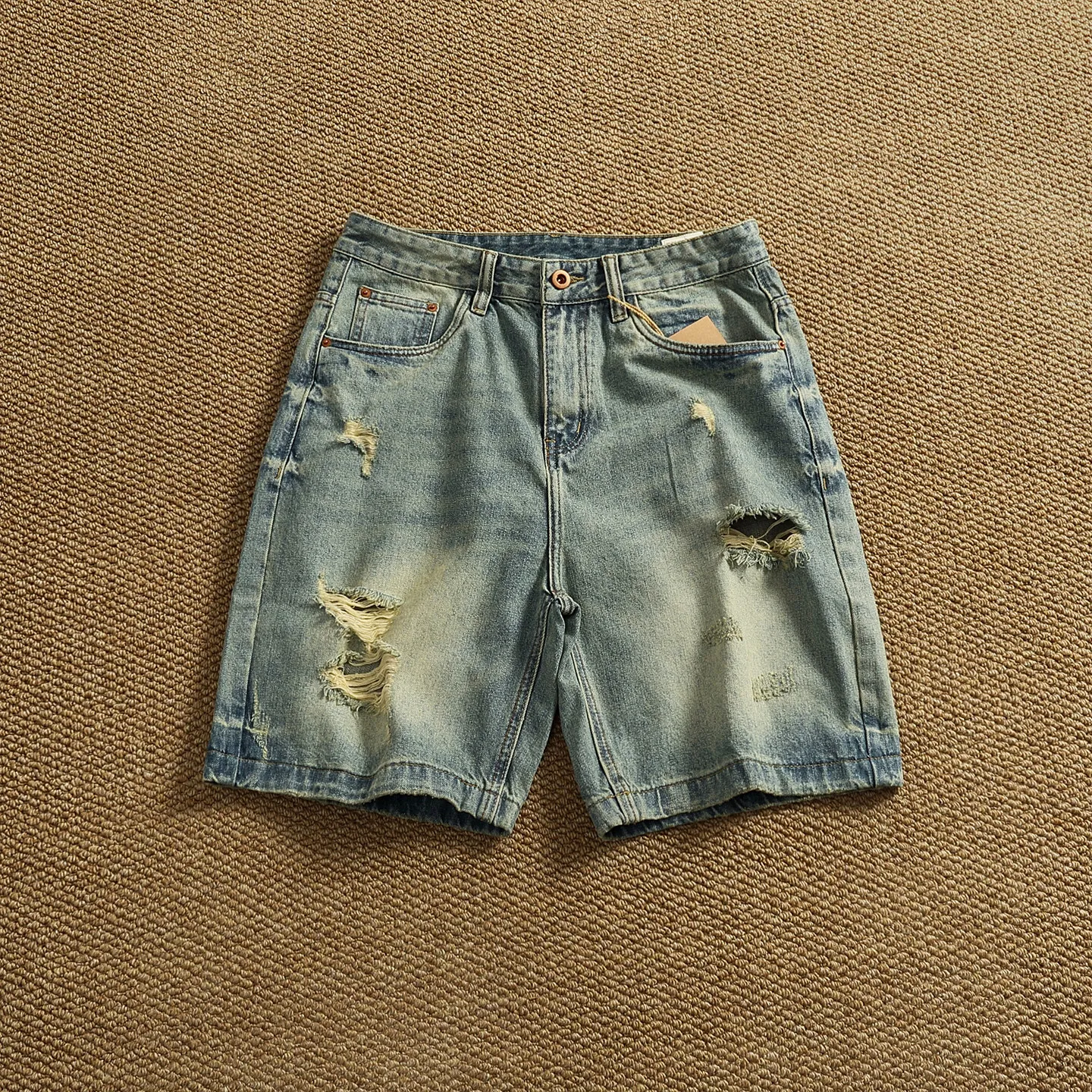 2026 Summer New American Retro High Street Distressed Denim Cargo Shorts Men's Fashion Washed Old Straight Casual 5-point Pants