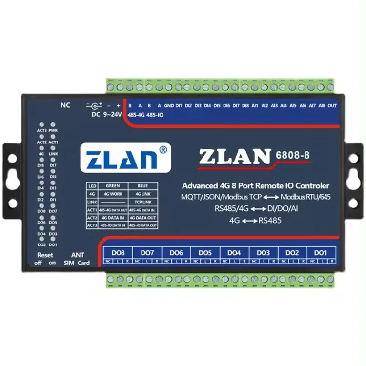 4G Modbus Gateway Serial To Ethernet Module JSON Modbus Rs485 MQTT RS485 8 Ports DI/DO/AI Ethernet Io ZLAN6808-8