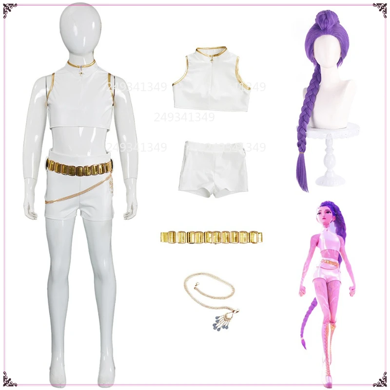 

KPop Demon Hunters Rumi Huntrix Cosplay Costume Children White Leather Vest Shorts Anime Movie Stage Full Set Clothing with Wigs