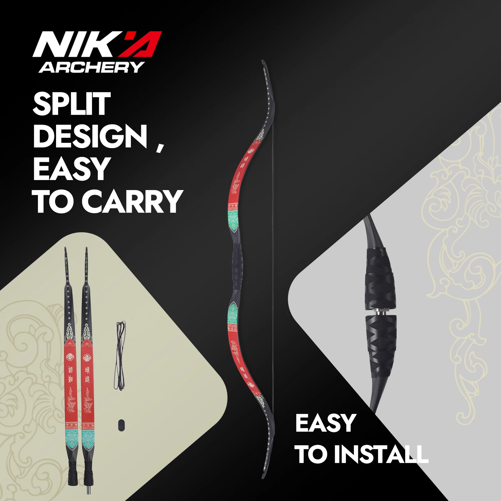 52Inch NIKA TR-1C Jingyuan Recurve Bow, Carbon Fiber Fiberglass One-Piece Molded Bow, 14LBS-50 LBS, Outdoor Archery Practice