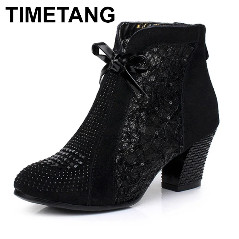 TIMETANG Thick Mid Heel Nubuck Leather Lace Floral Bowknot Pearl Rivets Summer Women Fashion Sandals Ankle Boots Plus Size 32-42