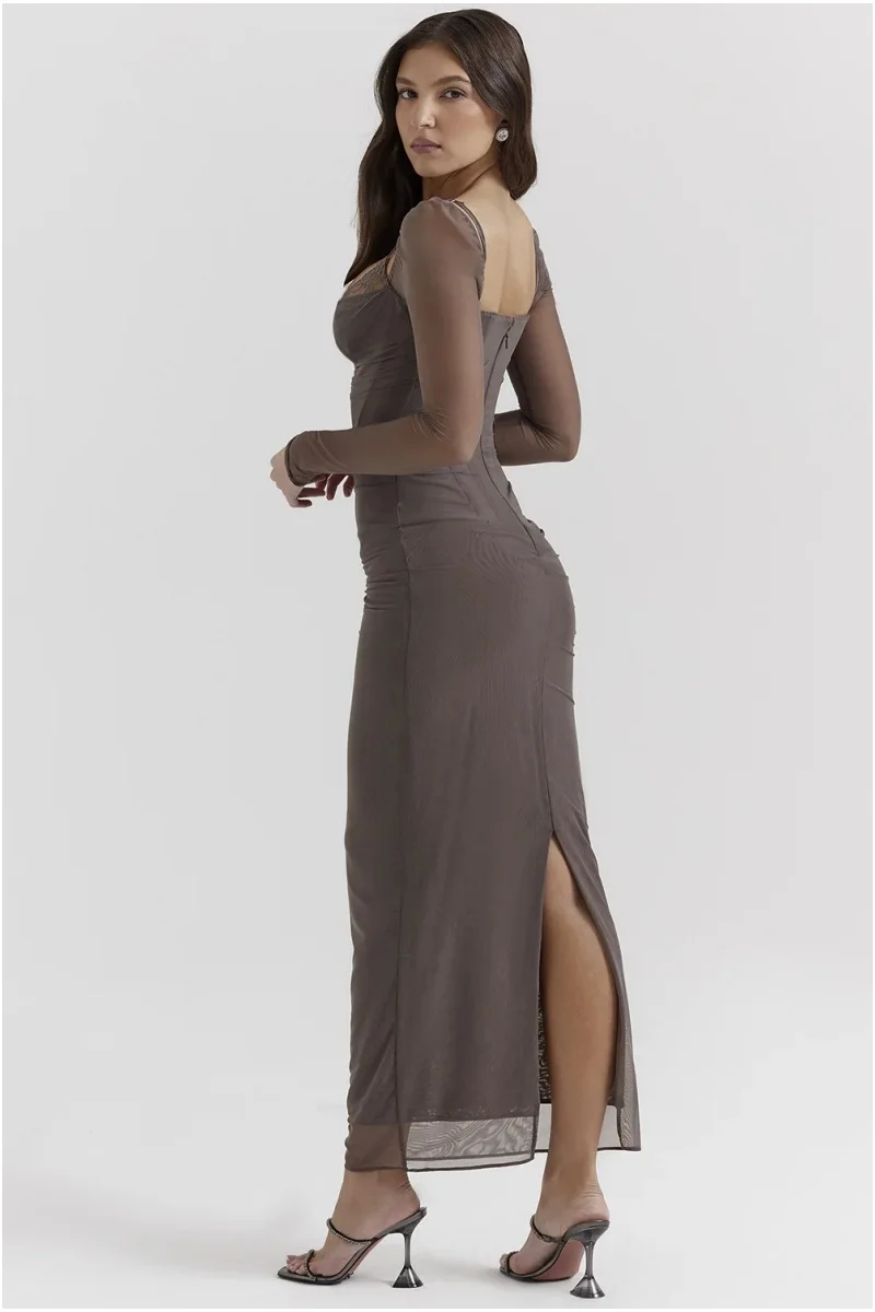 Elegantes, durchsichtiges, langärmliges, figurbetontes Maxikleid für Damen, modisches Netz, schwarz, trägerlos, rückenfrei, Club-Party, sexy Kleid