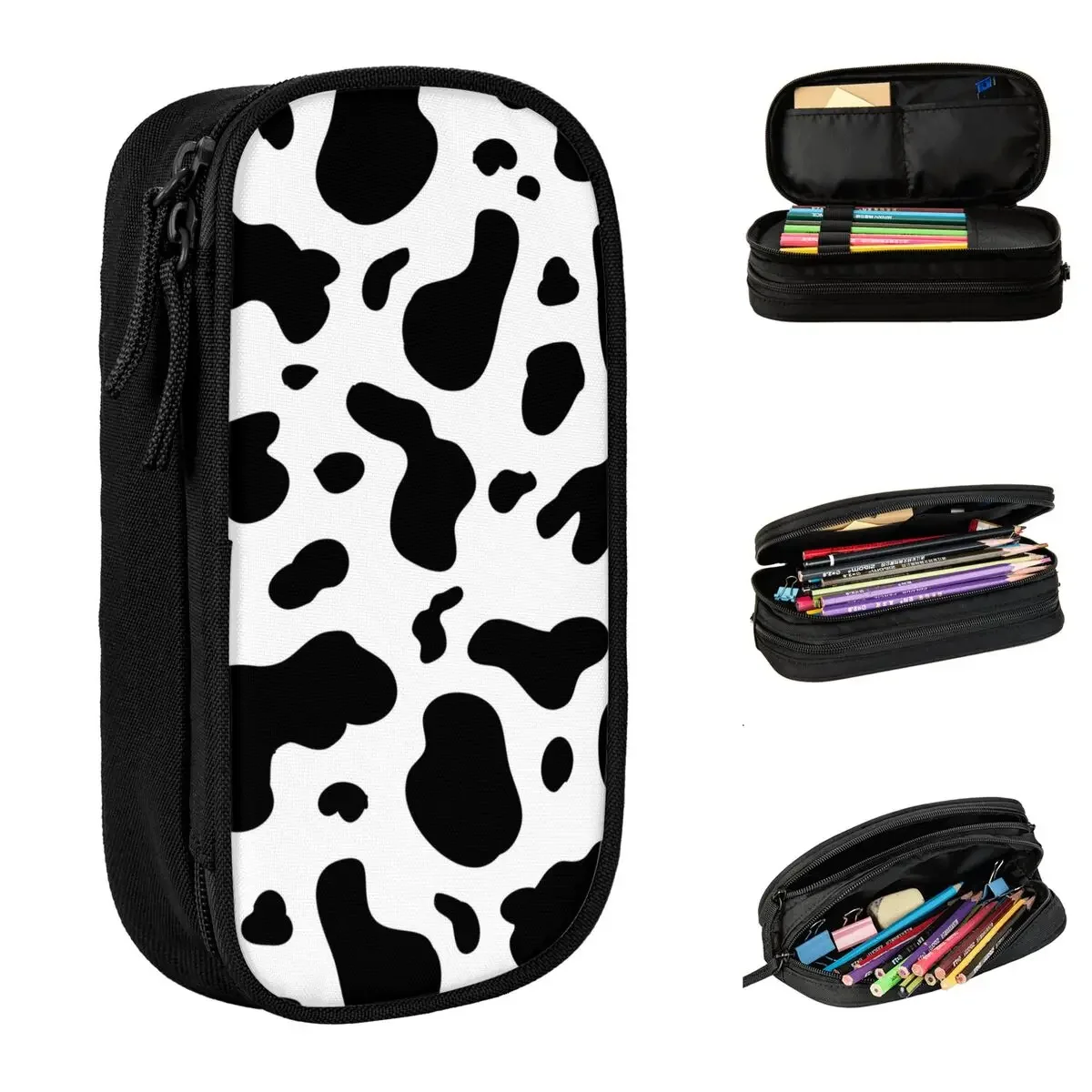 Cow Pencil Cases Black White Animal Skin  Pouch Pen Holder Girl Boy Large Storage Bag School Supplies Zipper Stationery