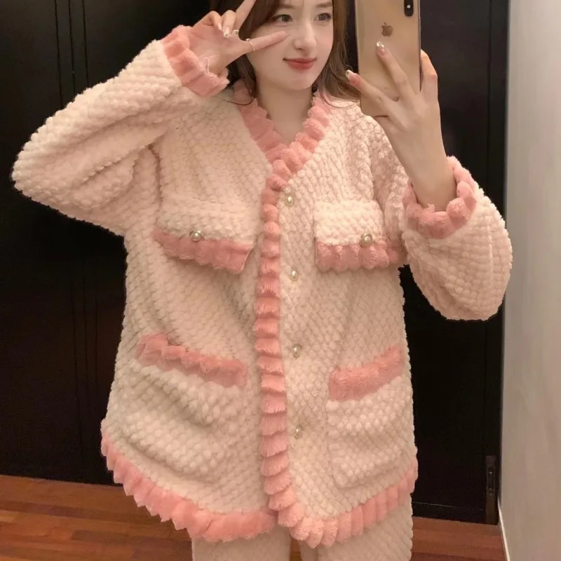 

2023 Winter New Women Pajamas Coral Fleece Quilted Suit Loose Thickened nightgown Fashion Casual Homewear Warm Outwear