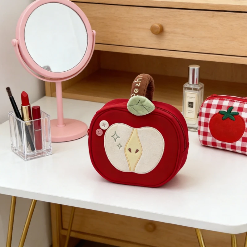 New Cute Red Apple Cosmetic Bag High Appearance Large Capacity Handheld Storage Pouch Stationery Organizer Gift Cute Storage Bag