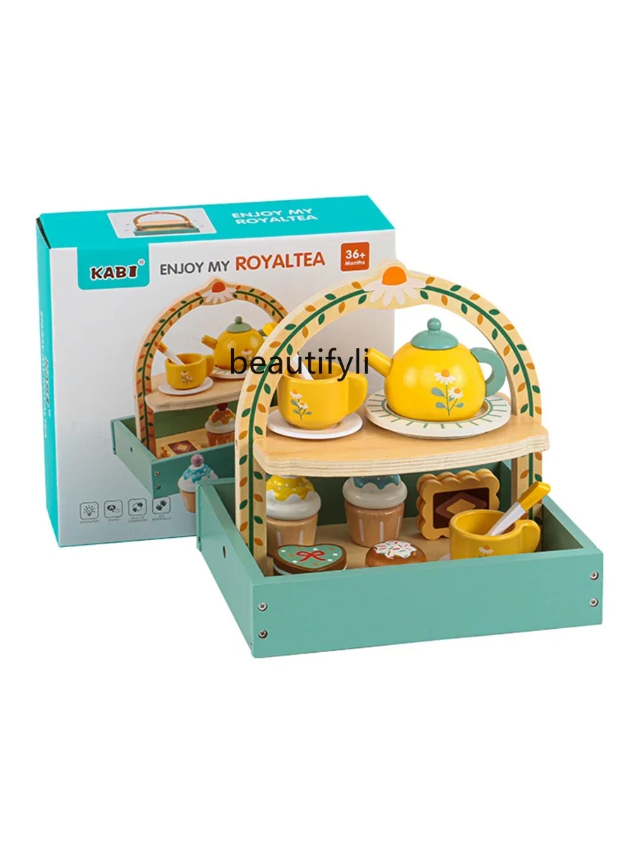 Kinderspeelhuis Theeservies Houten Afternoon Tea Dessert Dessertrek Simulatie Theepot Servies Set Speelgoed