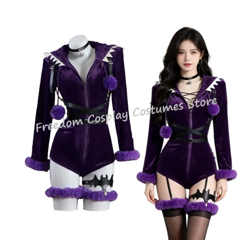 Anime Gengar Cosplay Costume Women  Purple Ghost Romper Bodysuit Plush Hooded and Socks with Belt and Tail Halloween suit