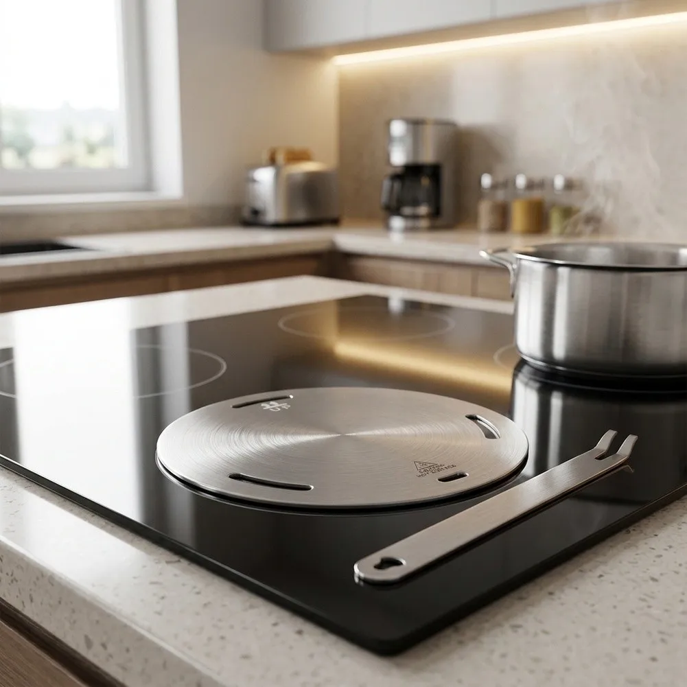 Induction Heat Diffuser Plate Constructed from Stainless Steel to Assist in Preserving Cookware Finish and Extending Usability