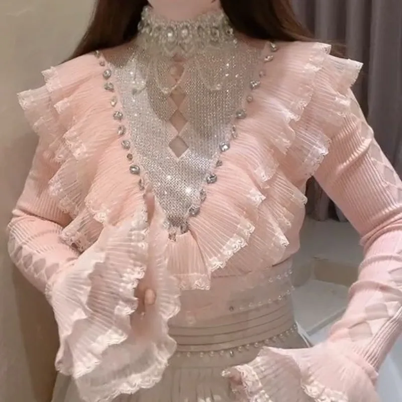 2025 Spring Women's Shirt Heavy Industry Diamond Studded Hollow Knitted New Slim Lace Ruffle Top