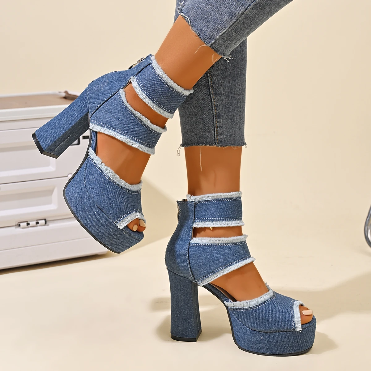 Summer Women Sandals New Platform Blue Denim Ankle Strap High Heels Shoes for Women Fashion Outdoor Sexy Peep Toe Sandals Women view 5