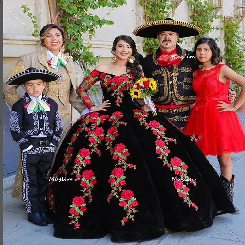 Customized Black Quinceanera Dresses Mexican Style Off Shoulder Rose Flower Long Sleeve Birthday Prom Vestidos De 15 Quinceañera