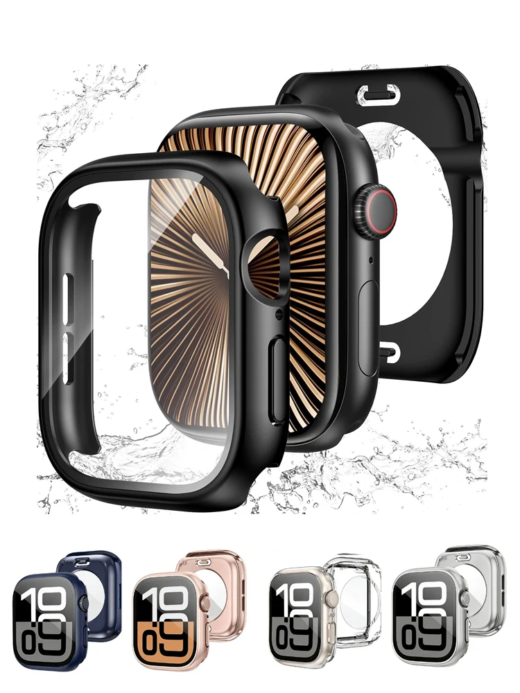 3 in 1 Case for Apple Watch Screen Protector 360° Full Coverage Tempered Glass Face Cover+Back PC Bumper Series 11/10/9/8/7/SE