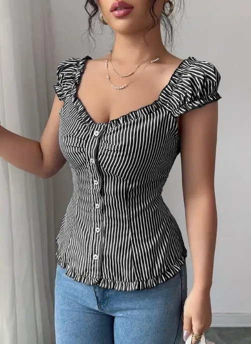 

Top Women 2025 Summer New Elegant Temperament Button Striped Short Sleeved Casual V-Neck Slim Fit Daily Shirt Top
