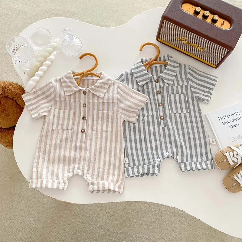 

2026 Spring Summer Baby Rompers for Newborns Short Sleeve Stripe Boys Jumpsuit Infant Outfit One Piece Overalls Suit