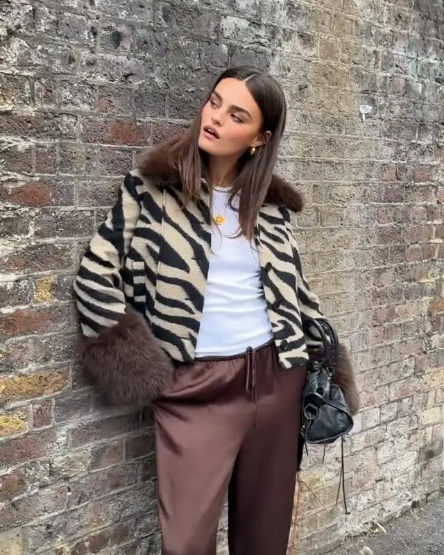 Zebra Print Faux Fur Collar Cuff Button Down Long Sleeve Cropped Jacket Women 2026 Autumn Chic Street Coat