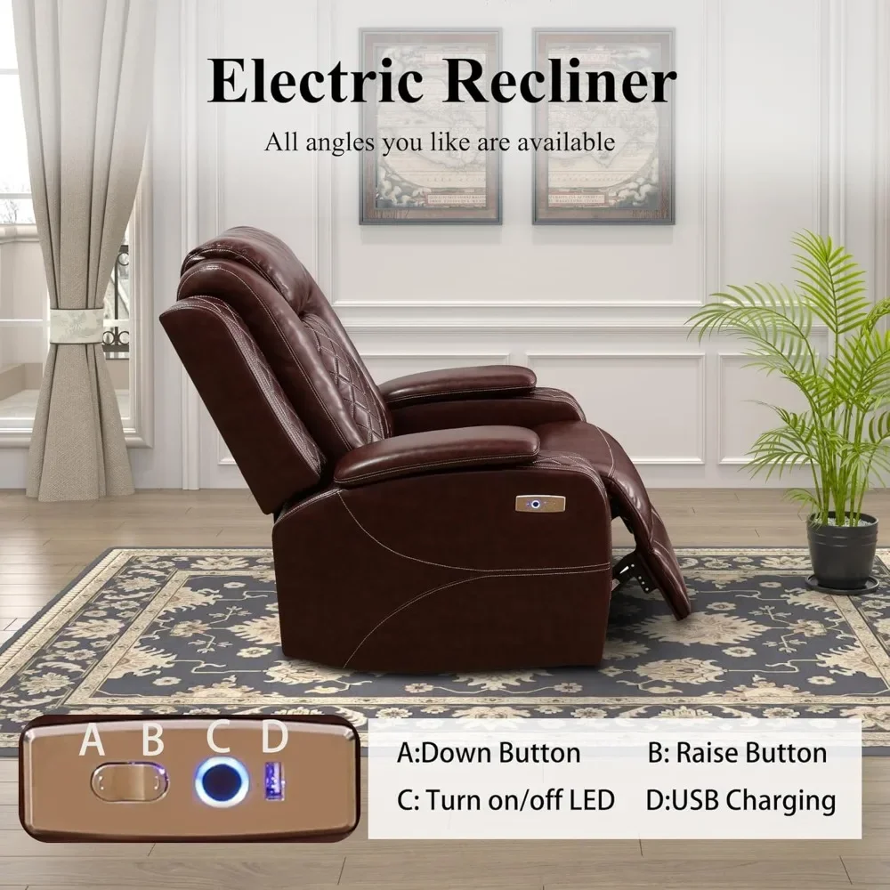 Power Leather Recliner Sofa Set with LED Lights, Living Room Furniture Set, Breathing Leather Sofa Set with USB Port