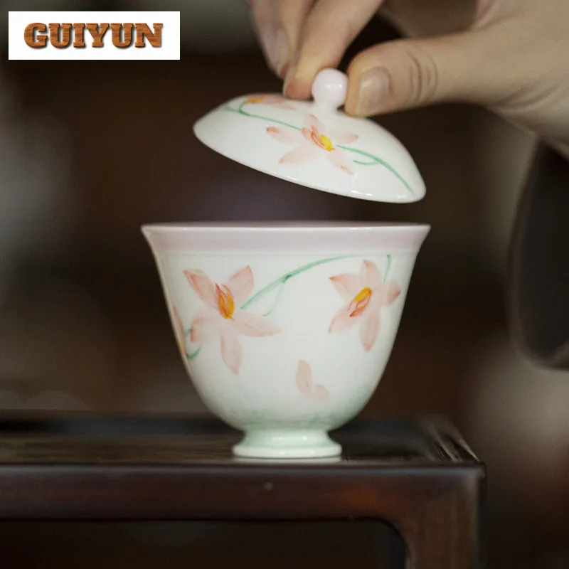 

120ml Hand-painted Peach Blossom Jade Clay High Foot Gaiwan Antique Tea Tureen Tea Bowl With Lid Kit Tea Maker Cover Bowl Cafes
