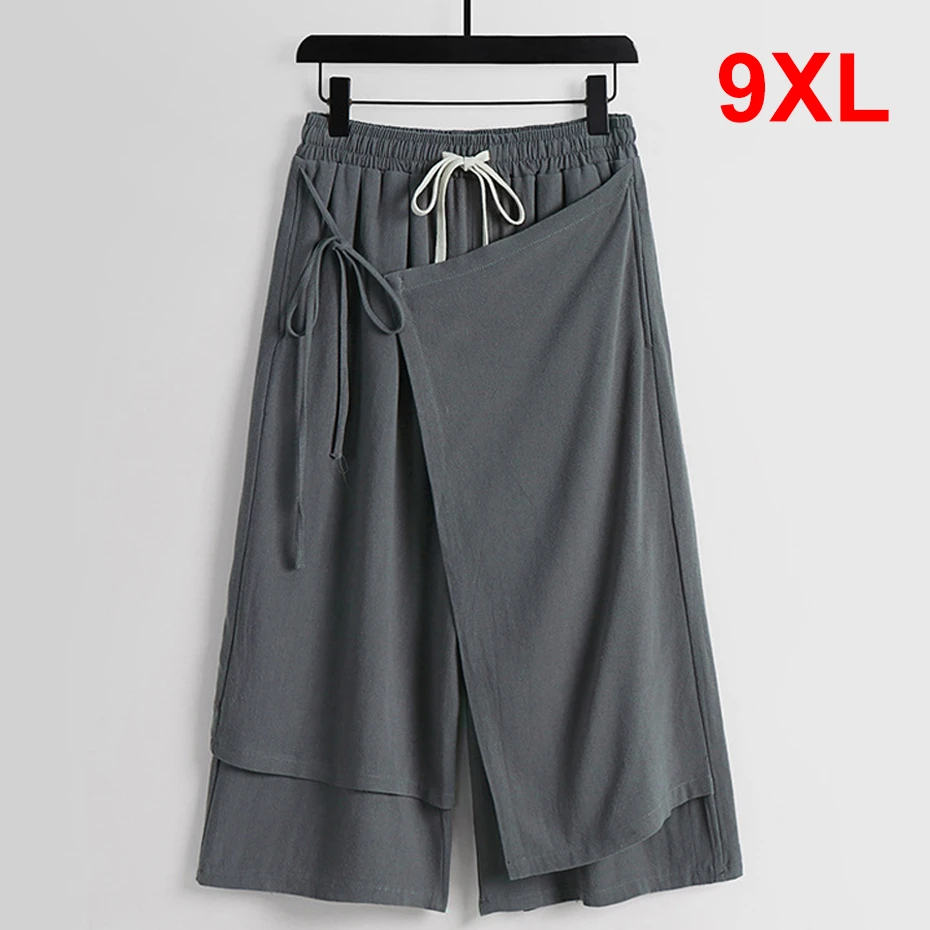 

Linen Pants Men Summer Calf-length Pants Plus Size 9XL Fake Two Pieces Pants Male Fashion Casual Solid Color Bottom Big Size