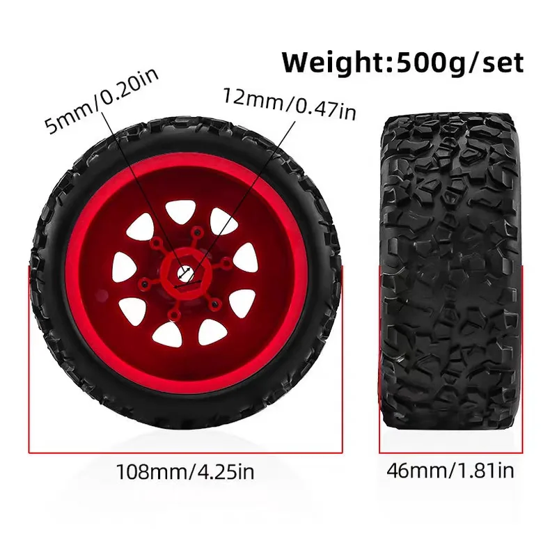 Durable Soft Rubber Off‑Road Wheel Tire Set 4Pcs 108mm 14mm Hex for 1/10 Short Course Truck ARRMA Senton Traxxas Slash Losi