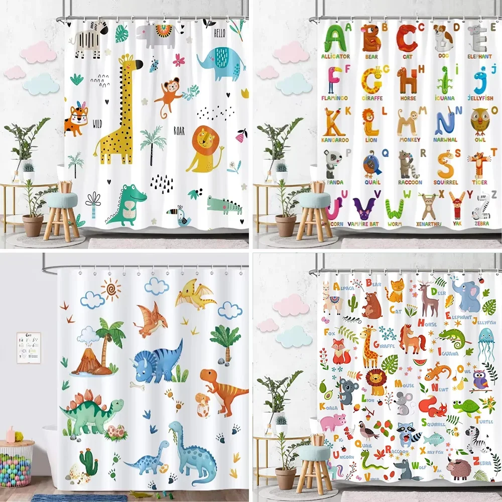 Cute Cartoon Jungle Animal Dinosaur Alphabet Letter Print Shower Curtain Waterproof Mildew Resistant Polyester Fabric With Plast