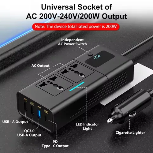 Inversor de 220v para coche, convertidor de potencia de voltaje de 12 a 220, 200W para vehículos de 12V