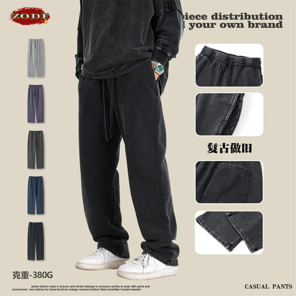 ZODF Retro 2024 Men Autumn Washed 380gsm Cotton Pants Unisex High Street Basic Oversized Solid Sport Straight Trousers HY0885