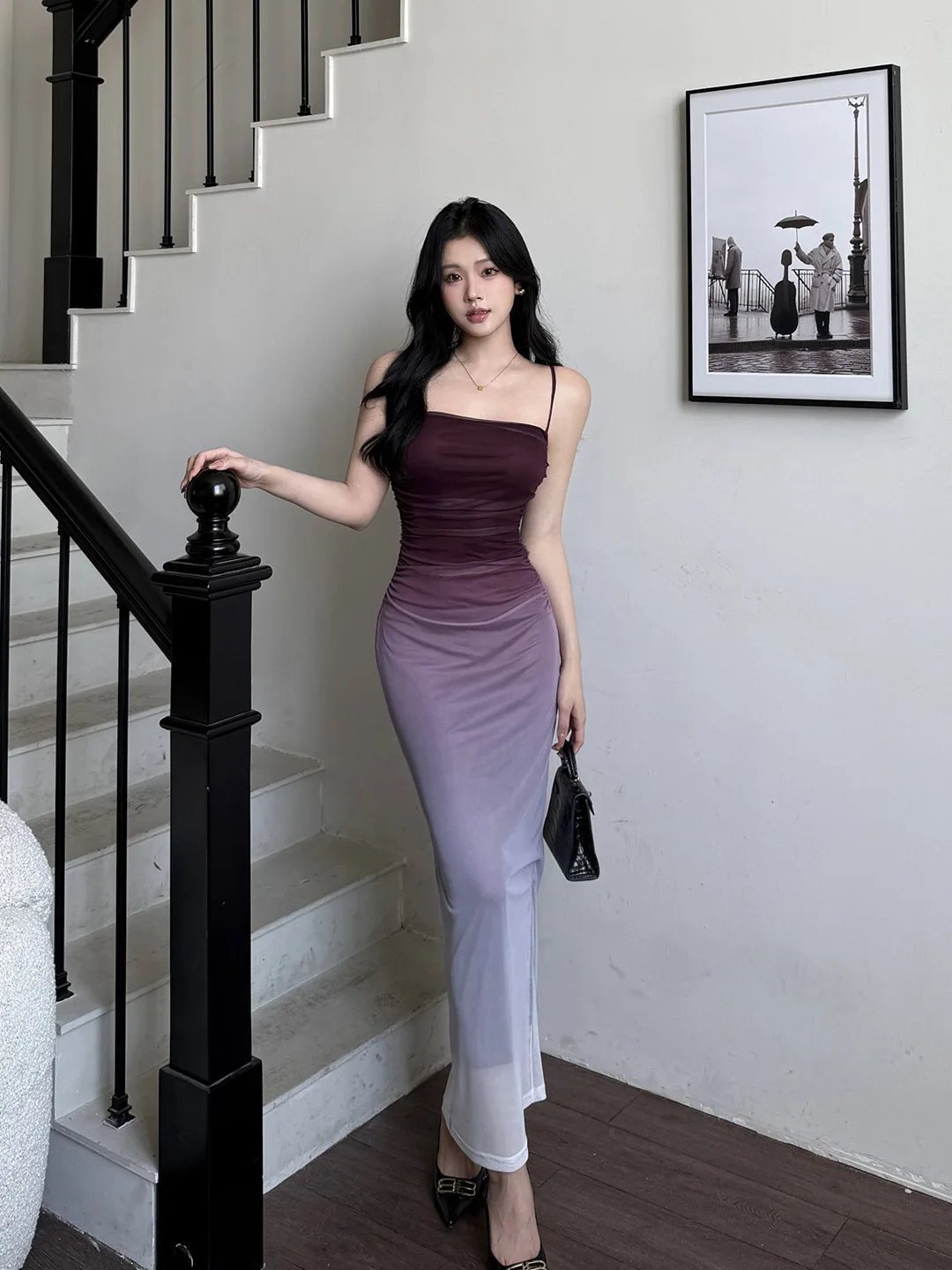 Retro Y2K Strandurlaub Mesh Farbverlauf Lila Hüftumarmendes Kleid für Frauen Sexy schulterfreies, plissiertes, figurbetontes Kleid mit seitlichem Schlitz