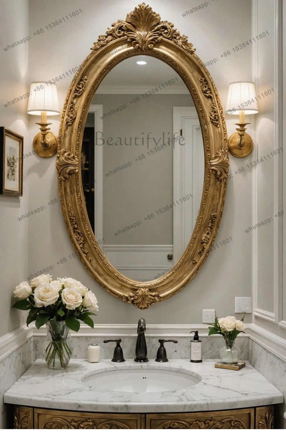 French oval retro vanity mirror luxury carved bathroom vanity mirror
