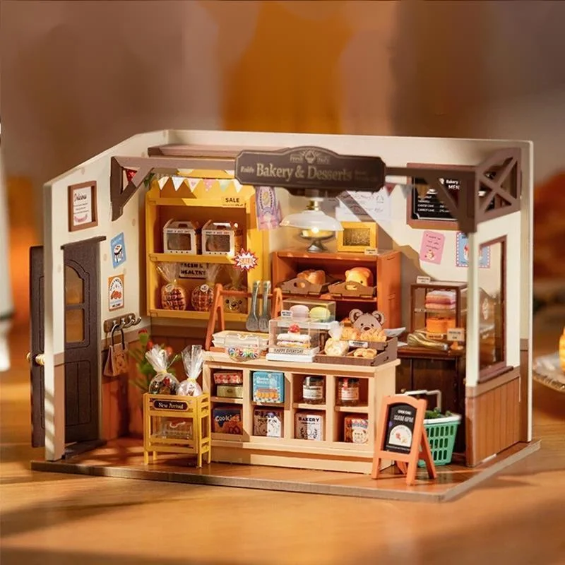 DIY Miniature Bakery House ชุดไม้ 3D ปริศนาของเล่นบล็อกอาคาร Bekaa Little House ชุดของขวัญส่งฝุ่นสีกล่องใหม่