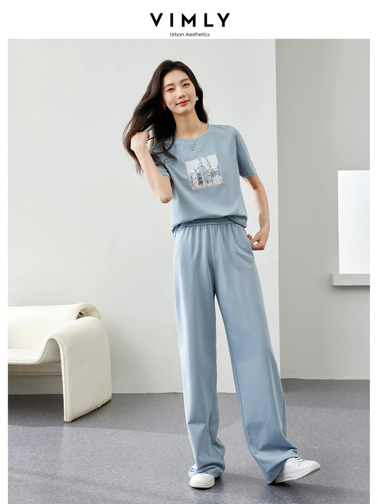 VIMLY Women's Casual Short Sleeve Tracksuit Summer New Simple O-neck Printed T-Shirt+Wide-leg Pants Set Sportswear Two-Piece Set