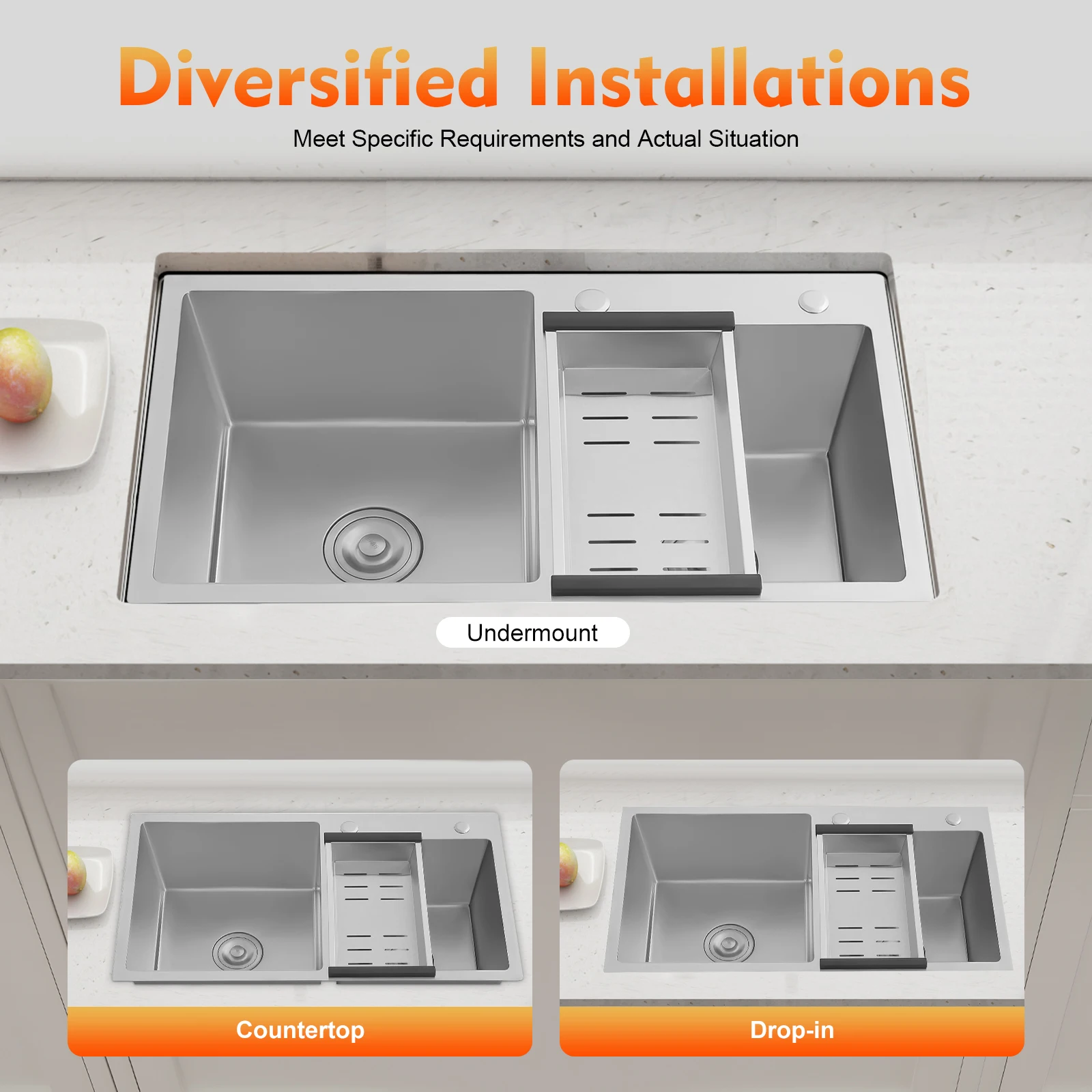 

2 Bowl Stainless Steel Sink, Fast Drainage Kitchen Sink, 78*43*21cm Rust-Resistant & Space-Saving for Home/Commercial