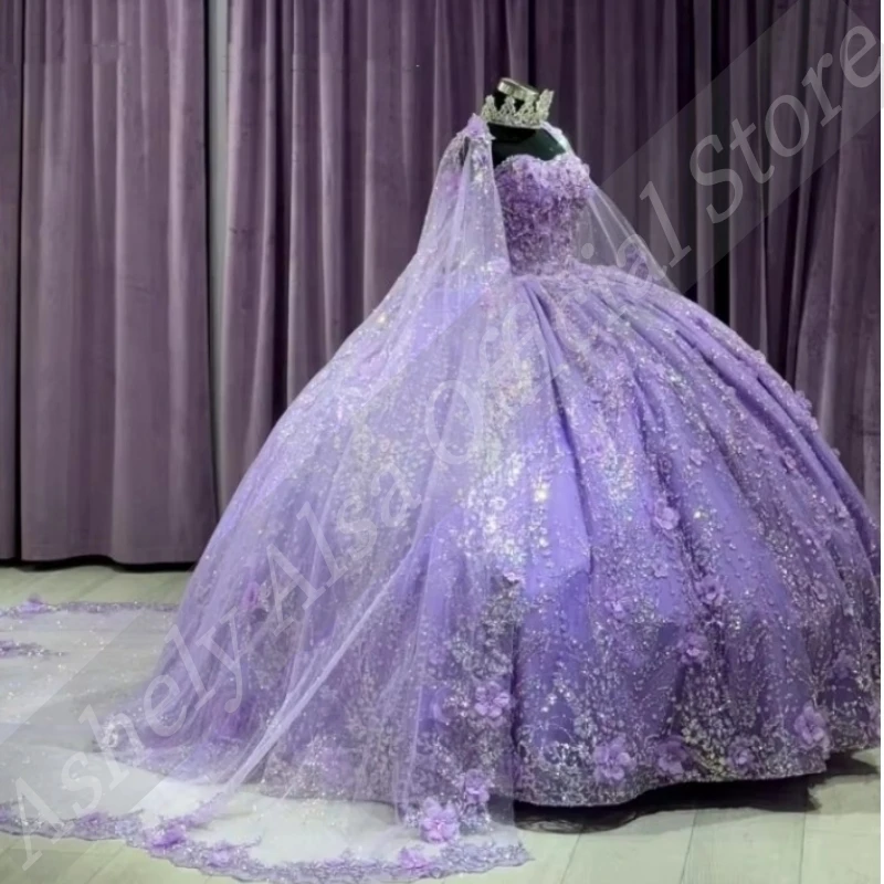 AQ16 personalizado mexicano lavanda Vestido De xv Anos flor apliques Vestido De baile dulce 15 16 años niña Vestido para quinceañeras con capa