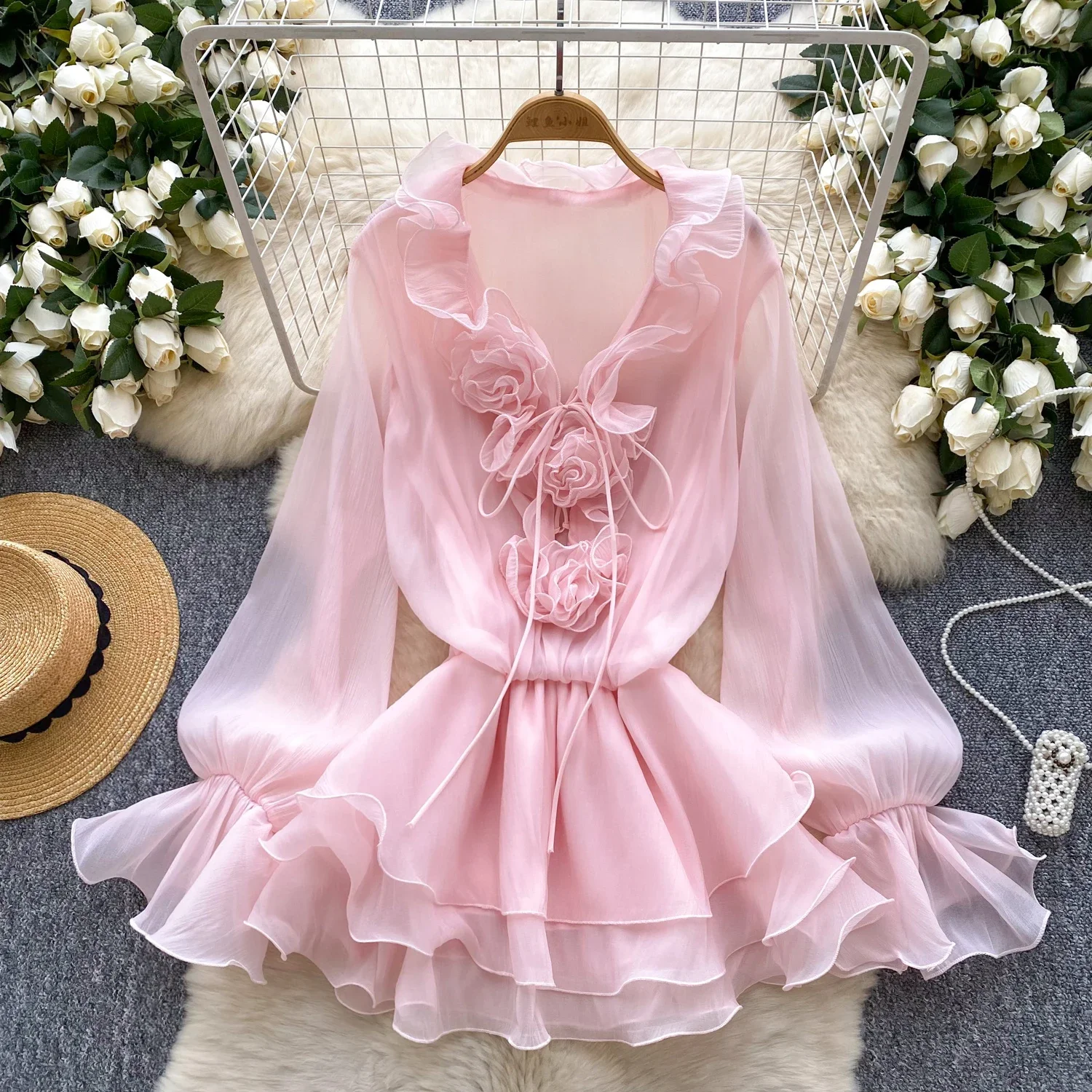 Nuovo abito corto da spiaggia floreale 3D maniche lunghe femminile con lacci volant in chiffon torta vestito estivo abito bohemien vintage sexy trasparente