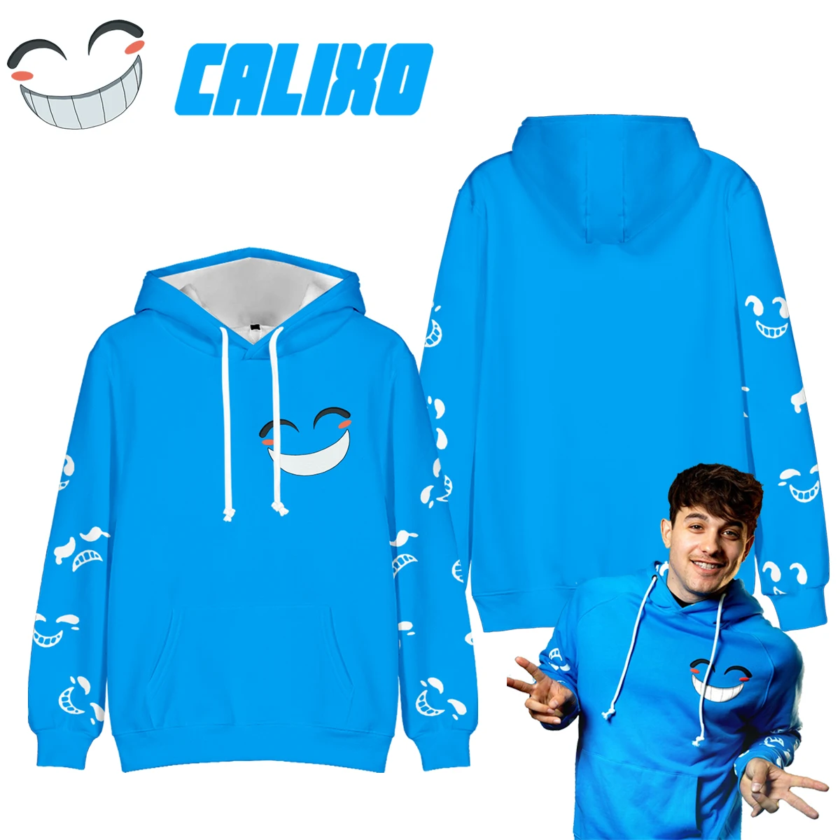 New Cute Calixd Merch Hoodie Smile 3D Pullover Kawaii Blue Hoodie For Women  Men Casual Streetwear Clothes Hip Hop Kids Pullover