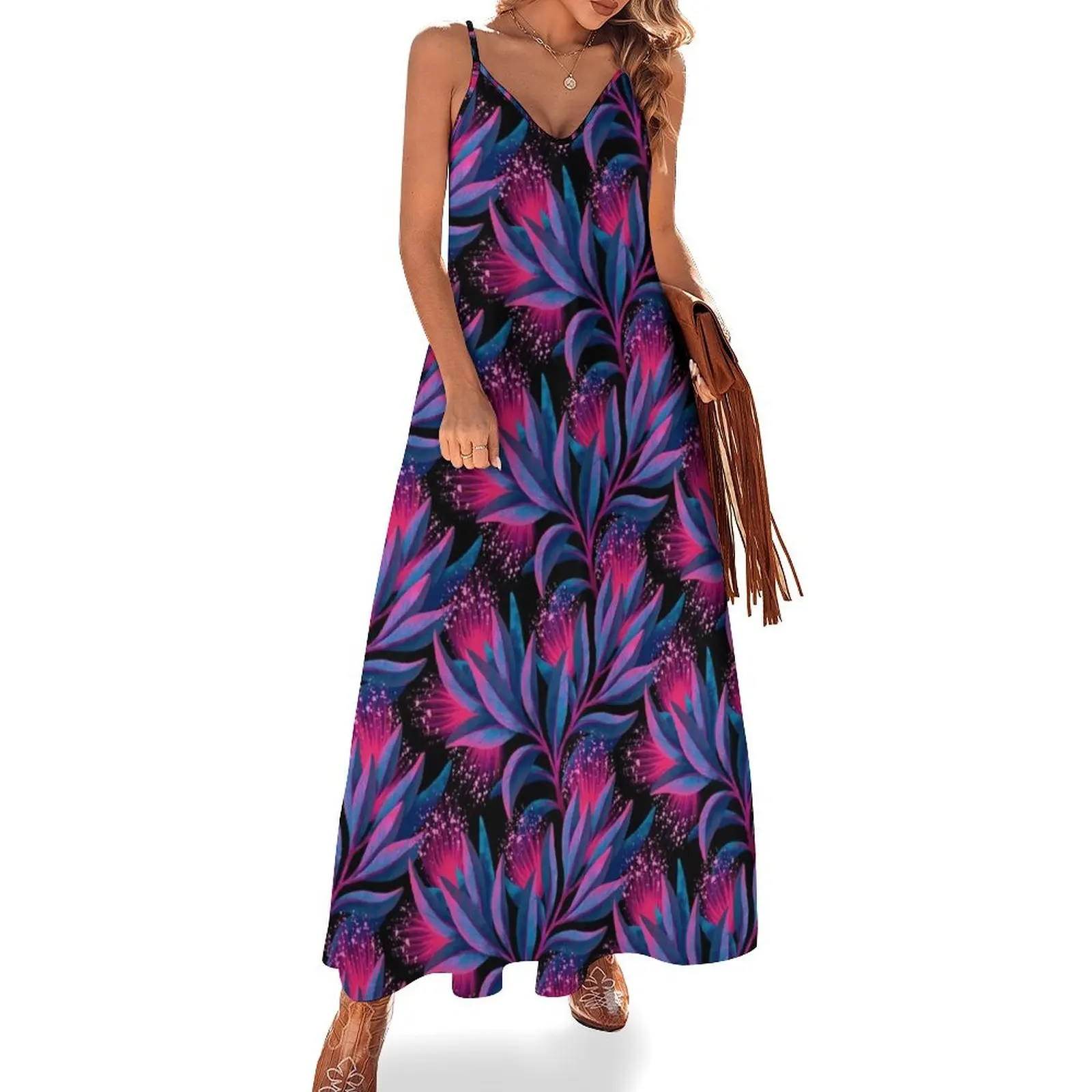 

Pohutukawa - Pink / Blue Sleeveless Long Dress Evening gown Women's summer suit Dress