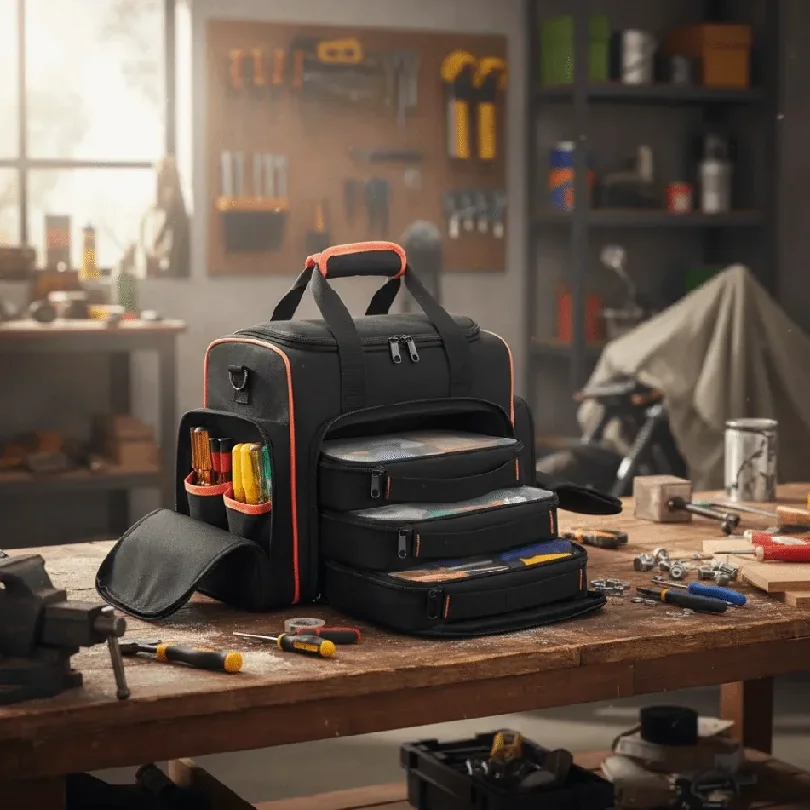 Black Color Tool Bag 2 Layers Red Binding Tool Tote 3 Removable Cases 2-Layer Design Removable Cases Hand Tools Storage