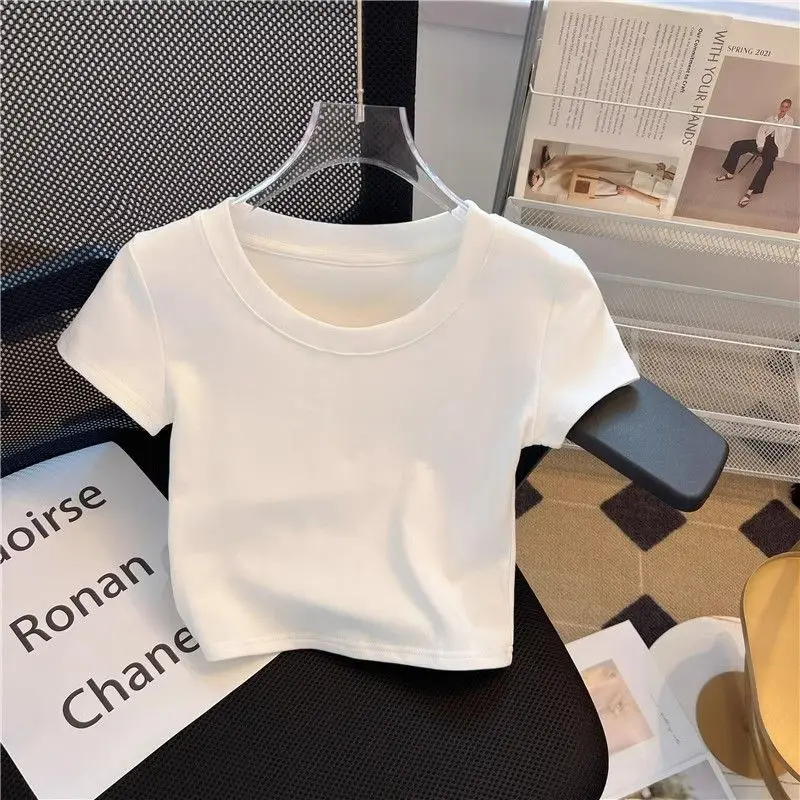 

Pure Cotton Round Neck Short Sleeved T-shirt for Women Summer New Spicy Girl with Exposed Navel Niche Short Ins Top Clothes