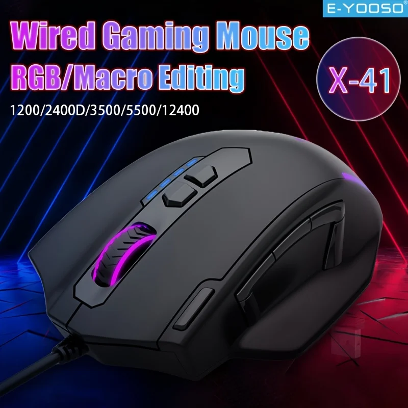 EYOOSO X-41 Wired Gaming Mouse 12400 DPI 11 Programmable Buttons RGB Backlit Weight Tuning Rapid Fire Key Ergonomic Mouse