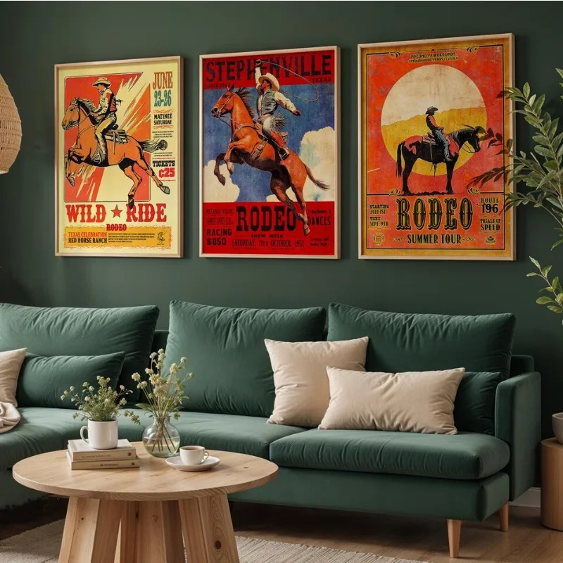 Classic Texas Western Rodeo Event Poster Vintage Ranch Cowboy and Horse Canvas Painting Wall Art for Living Room Home Decoration