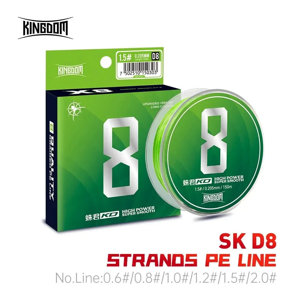 Linha de pesca reino 8 fios trançado multifilamento 150m linha pe 0.6 0.8 1.0 1.2 1.5 2.0 linhas de equipamento de pesca duráveis