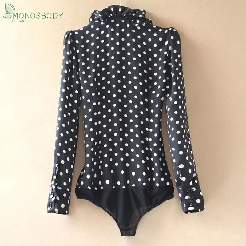 Fashion Ruffles White Rompers Office Lady Chiffon Blouses and Tops Business Work Wear Shirts Women Bodysuits Polka Dot Outfits