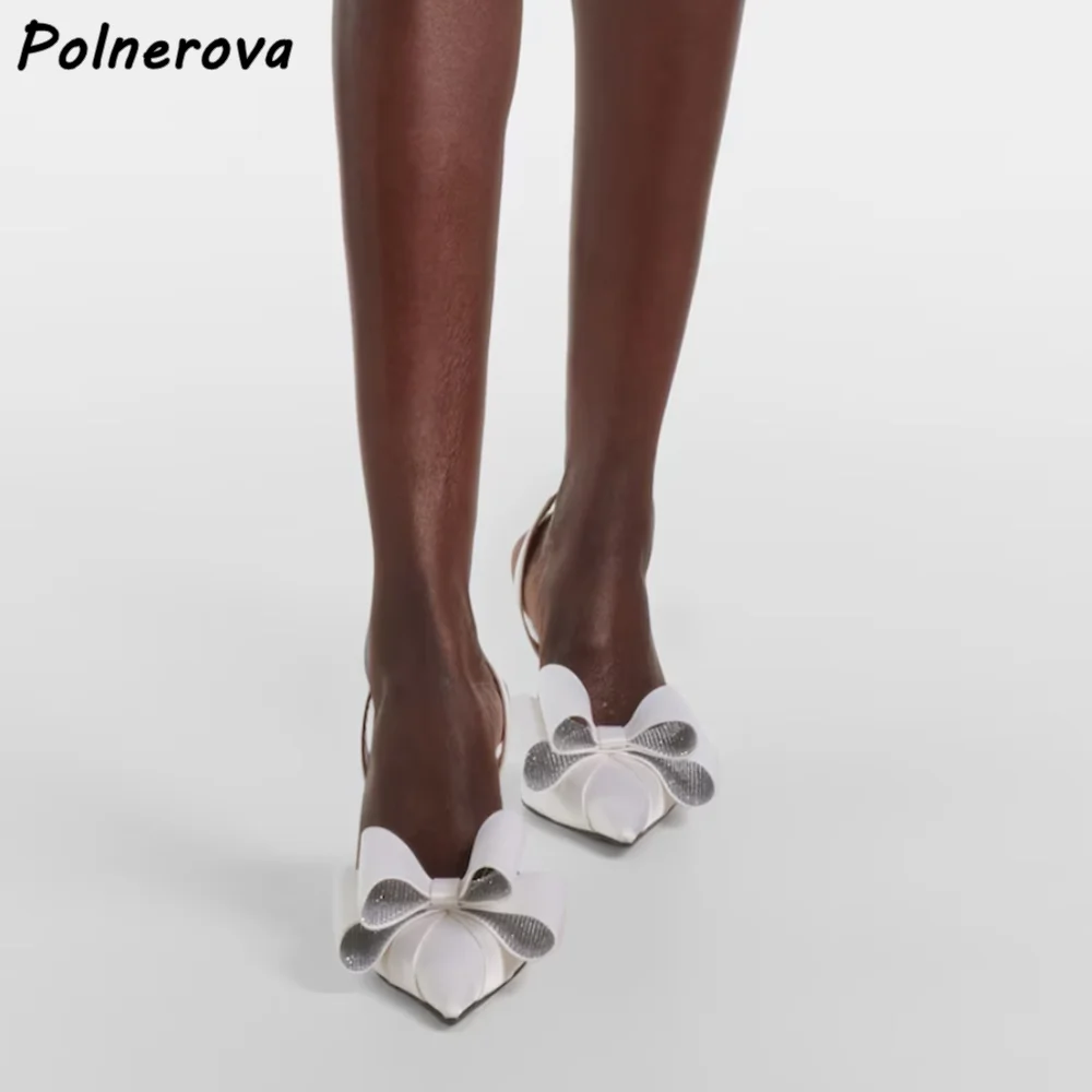 

White Blue Crystal Butterfly Knot Sandals Pointy Toe Back Strap Slingback Pointy Toe Sweet Shoes Women's Fashion Lovely Sandals