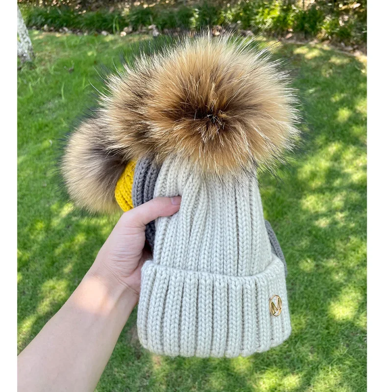 2022 New luxury brand winter hat for women Fox fur pompom hats beanie High quality Girl women bonnet winter hats fur pom pom hat