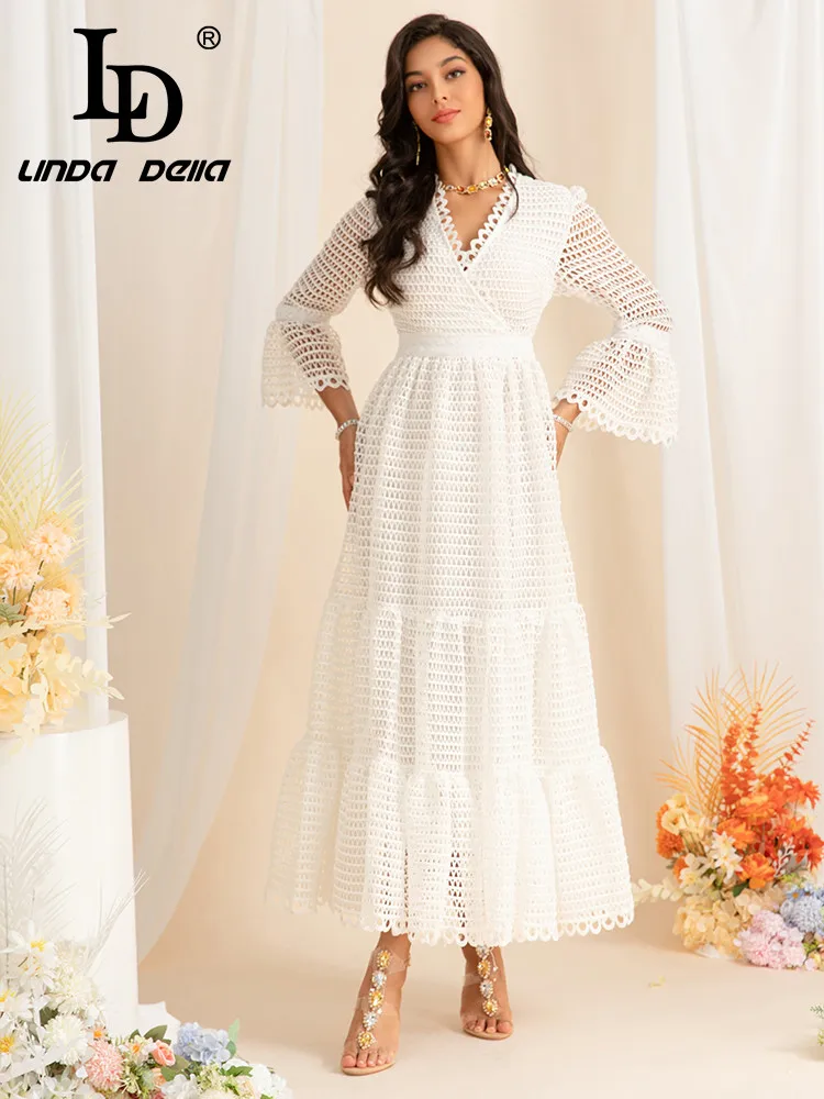 LD LINDA DELLA 2024 Early Spring Leisure French and American Women's Elegant Hollow Lace Splicing Big Swing Long Dress