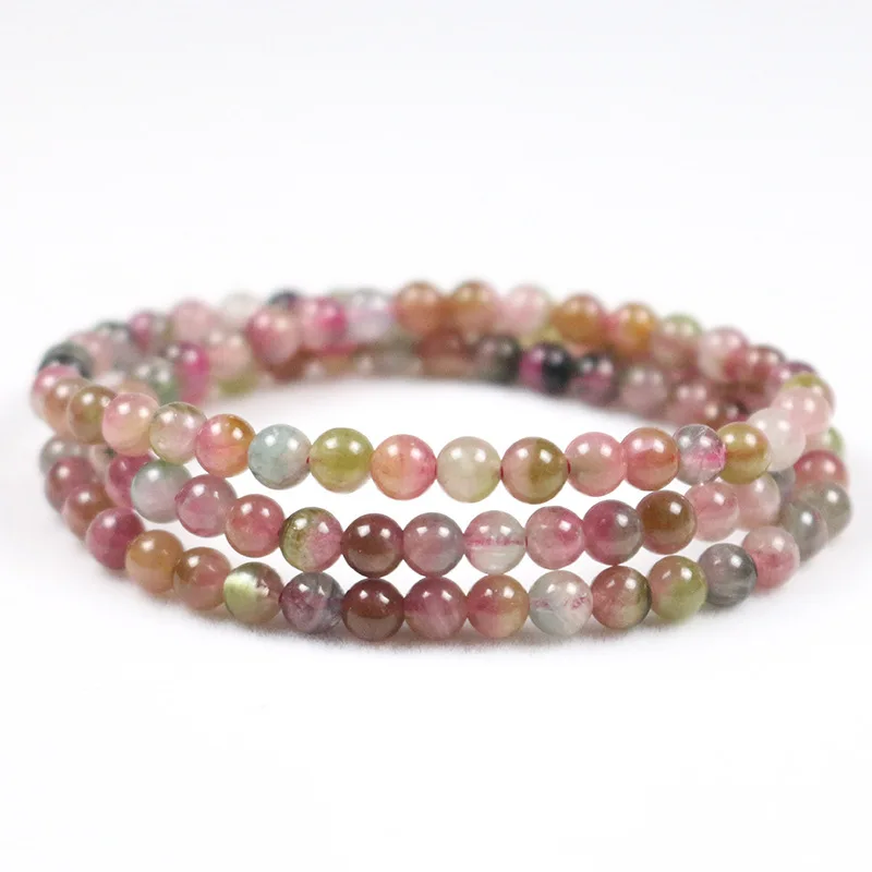 Natural Watermelon Tourmaline 3 Loops Beaded Bracelet Women Healing Crystal Stretch Bangle Gemstone Jewelry Gift