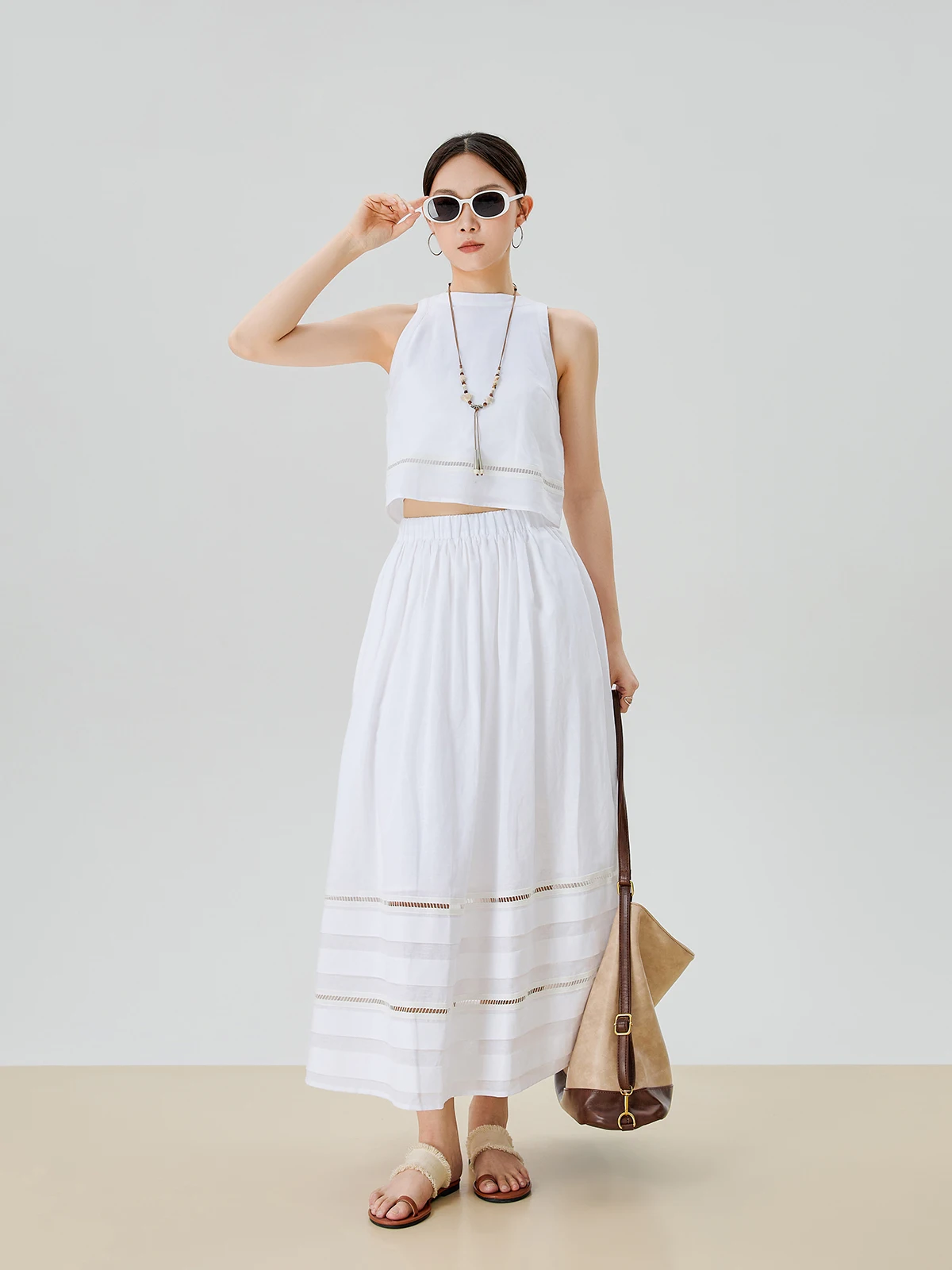 

Белый кружевной ажурный комплект-жилет для женщин, летняя модная новинка, повседневный костюм-двойка Guuli с круглым вырезом